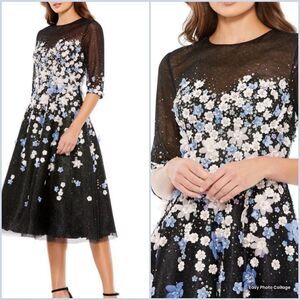 Mac Duggal Womens 11161 FLORAL EMBROIDERED A-LINE TEA-LENGTH COCKTAIL DRESS Blac